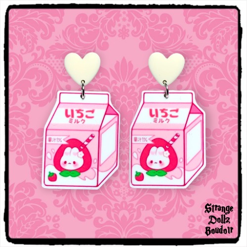 Cute milk earrings, 925 sterling silver, strawberry, rabbit, Cute pastel, Strange Dollz Boudoir
