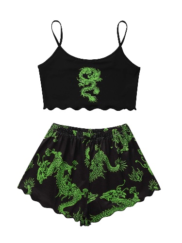 SOLY HUX Women's Cute Cartoon Print Lettuce Trim Cami Top and Shorts Cute Pajama Set Sleepwear - Medium Black Green Dragon