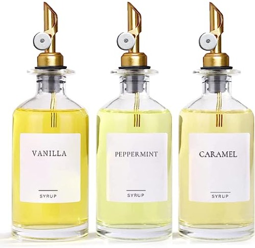 Ezebesta Set of 3 Coffee Syrup Glass Dispenser Bottles 480ml Pump Bottles with 10 Labels for Coffee Bar Organization