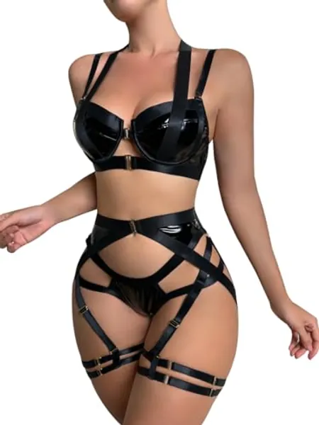 Lilosy Sexy Strappy Underwire Push Up Garter Belt Women Lingerie Set Harness Cutout Bra Panty 3 Piece