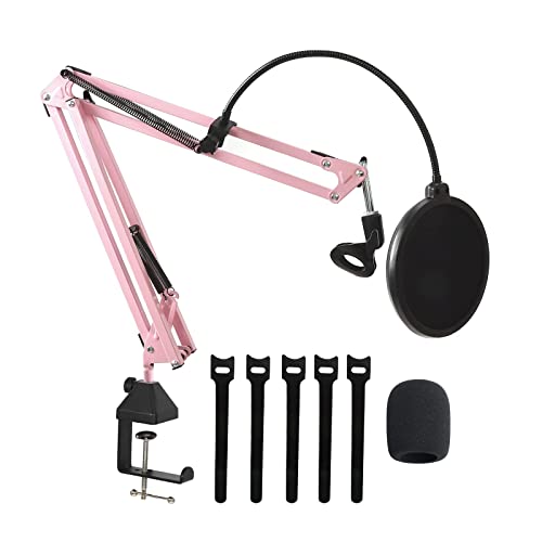 Microphone Stand, Cicano Mic Boom Arm Suspension Scissor with Shock Mount, Mic Clip Holder Upgraded Desk Clamp for Blue Yeti Snowball Ice and Other Mics Pink - Pink