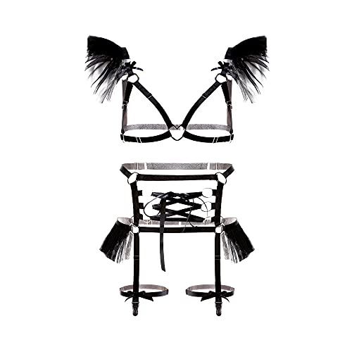 paloli Punk Gothic Full Cage Body Harness for Women | Elastic Strappy Hollow Ruffle Tutu Garter Belts Waist Set - Black