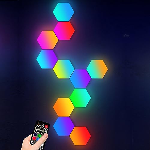 Hexagon Lights Sync with Music,Smart LED Wall Lights with Remote Built-in Mic 16 Million Colors Modular Light Panels DIY Geometry Splicing Quantums Night Light for Bedroom Bar Cafe Decor,6 Pack - Multicolor