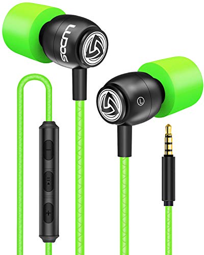 Ludos CLAMOR Wired Earbuds in-Ear Headphones, 5 Year Warranty, Earphones with Microphone and Volume Control, Noise Isolating Memory Foam Eartips, Tangle-Free Cord for iPhone, iPad, Computer, Laptop - Green