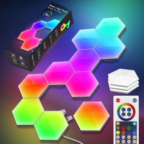 Pretty Kaurv LED Hexagon Wall Light Smart Modular RGBIC Light with APP Control and Music Sync Powered Hexagon Computer Gaming Lights for Game Room Bedroom Bedside Decoration
