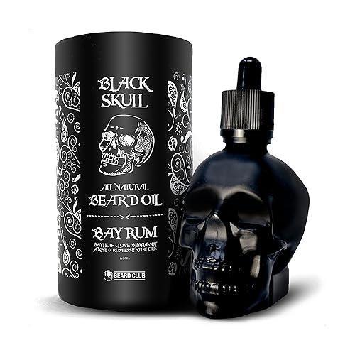 Beard Club Black Skull Beard Oil 60ml - Bay Rum Scented Beard Oil for Men - Beard Softener for Men with Argan Oil for Beard Conditioning and Maintaining - Natural Mens Beard Oil Skull Moustache Oil - Bay Rum