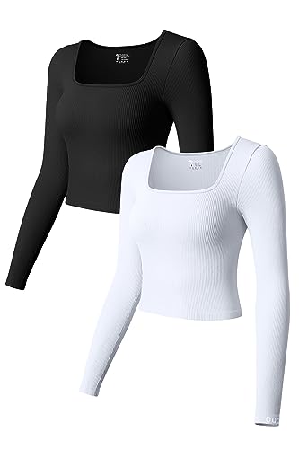 OQQ Women's 2 Piece Crop Tops Long Sleeve Square Neck Underscrubs Stretch Fitted Layer Tee Shirts Tops - Medium - Black,white