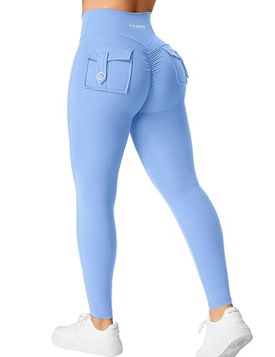 YEOREO Leggings with Pockets for Women Charm Leggings Workout Leggings for Women V Cross Waist Butt Lifting Gym Yoga Leggings - Small - Light Blue