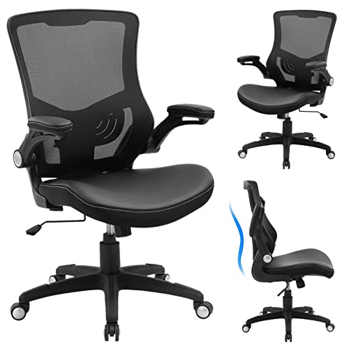 Office Chair Ergonomic Desk Chair, Computer PU Leather Home Office Chair, Swivel Mesh Back Adjustable Lumbar Support Flip-up Arms Executive Task Chair - Black - 22.5x24x42