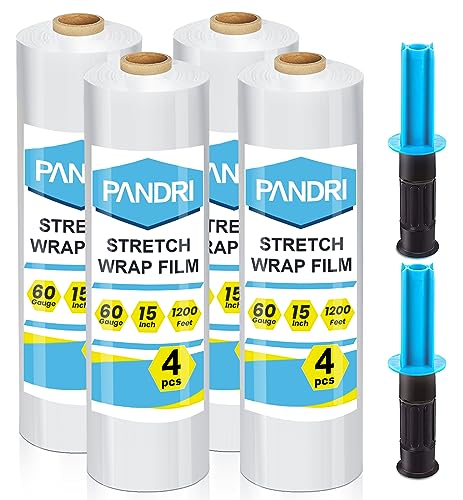 PANDRI Stretch Film, 15" x 1200 Ft per Roll Stretch Wrap Clear Shrink Wrap with Handles, Plastic Wrap for Moving Pallet Wrap, 4 Pack, 60 Gauge, 2 Handles - 4 Rolls