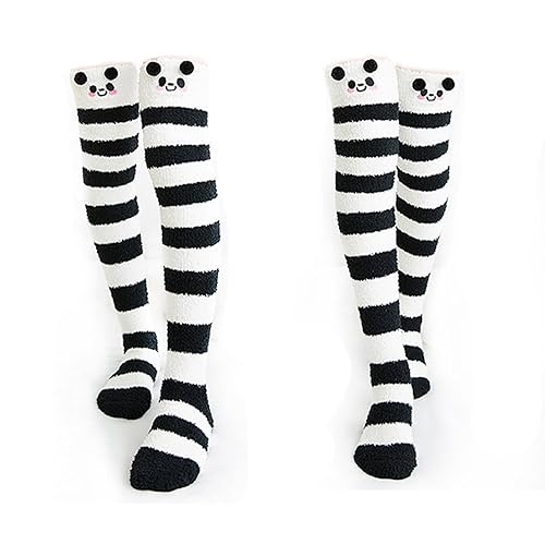 Binoster Netter Schaf Schenkel-hohe lange gestreifte Socken-Korallenrote Vlies-warme weiche über Kniestrümpfe, Frauen und Mädchen (Panda)