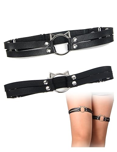 ohyeahlady Kunstleder Strumpfband Schwarz 2PCS Harness Bein Punk Strapsbänder Gürtel Sexy Gothic Accessoires Verstellbare Oberschenkel Ring Strumpfhalter Hochzeit Einheitsgröße - Schwarz