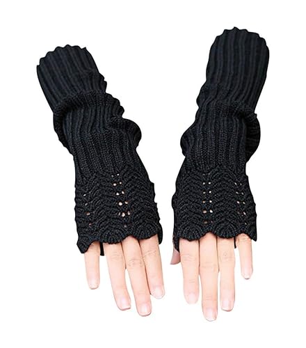 NOVAWO Damen Winter Warmer Strick Lange Handschuhe Fashion Armlinge - Schwarz