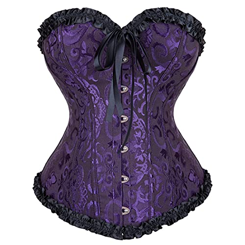 frawirshau Women's Lace Up Boned Overbust Corset Bustier Lingerie Bodyshaper Top - Large - Black Purple-819