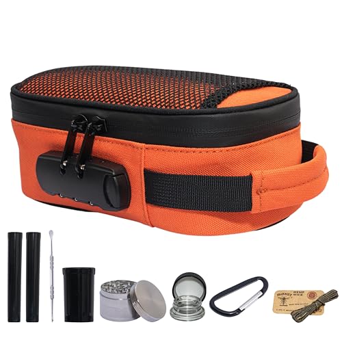Orange Smell proof stash box with Combination Lock + 7 accessories. Easy Grip Handle, Carabiner clip included. Smell proof bag with lock. Stash box. Smell proof container. - Orange