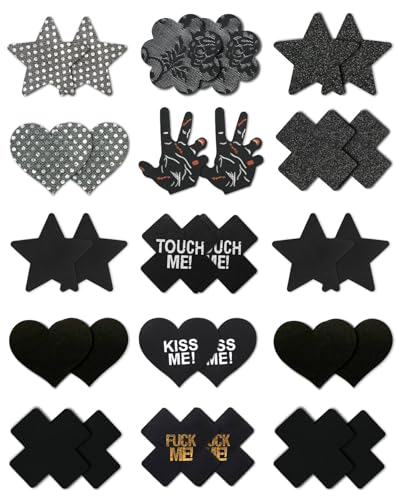 CICKEE Pasties Rave Pack - Nipple Covers Stickers - Disposable Sticky Breast Petals - 15 Pairs - Black - 15