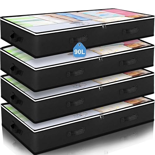 Budding Joy 4 Pack Under bed Storage Containers Organizer Large Capacity Underbed Clothes Storage Bins Organization and Storage Bedroom Foldable Storage Bags with Clear Window Black - 4 Pack - Black