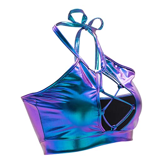 NINALUNA Women Metallic Shiny Crop Tank Top Wet Look Holographic Camisole Slim Reflective Rave Top - Halter Laser Blue - XL