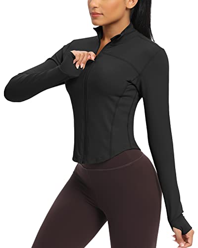 QUEENIEKE Women's Running Jacket Slim Fit Gym Tops Light Long Sleeve Zip Sports Jackets with Thumb Holes - L - Black 703