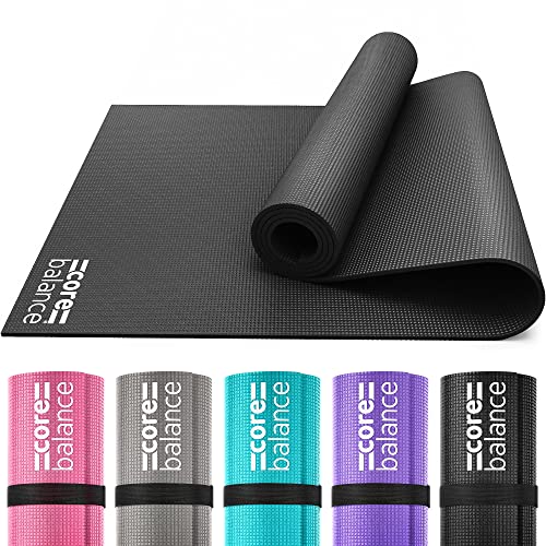 Core Balance Yoga Mat, Thick Foam 6mm, Non Slip, Exercise Fitness Gym, Compact Lightweight With Carry Strap - Black