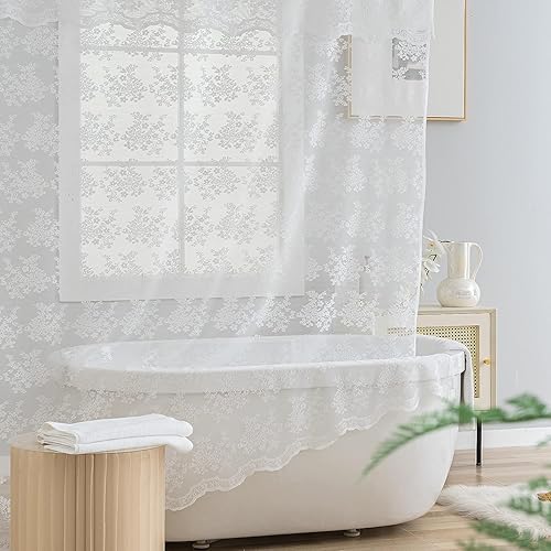 TUDECO Extra Long White Lace Shower Curtain with Attached Valance, 84 Inch Long Scalloped Edge Cottage Core Shower Curtain, 72 x 84 Vintage Floral Fancy Shower Curtain for Bathroom White - 72"W x 84"L (Pack of 1) - White