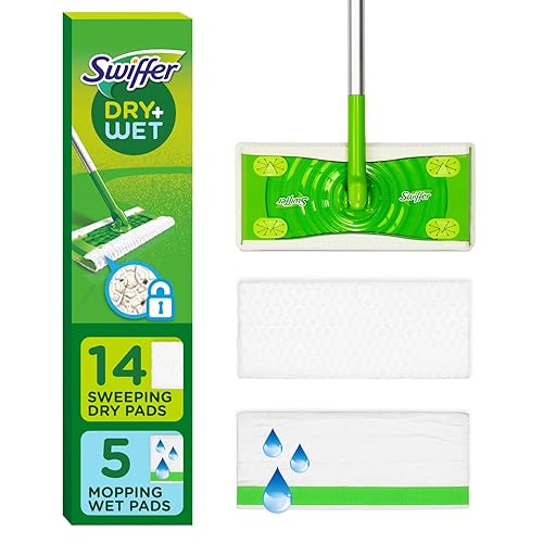 Swiffer Sweeper 2-in-1 Dry + Wet Floor Mopping and Sweeping Kit, Multi-Surface Kit for Floor Cleaning, Kit Includes 1 Sweeper, 14 Dry Sweeping Cloths, 5 Wet Mopping Cloths - 1 Kit - Mop