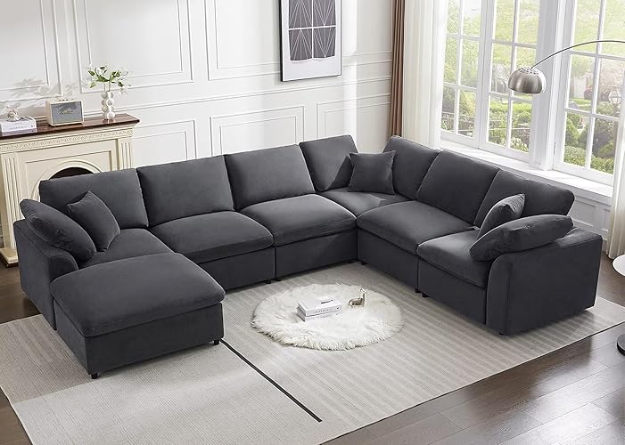 Siiejia Modular Sectional Sofa Modern Oversized Chenille Cloud Couch with Movable Ottoman 7 Seater L-Shaped Sofas Comfy Couches for Living Room Spacious Space Office Lounge, Dark Grey - Dark Grey-chenille