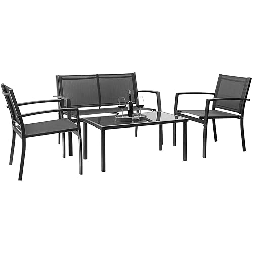 Devoko 4 Pieces Patio Furniture Set Outdoor Garden Patio Conversation Sets Poolside Lawn Chairs with Glass Coffee Table Porch Furniture (Black) - Black