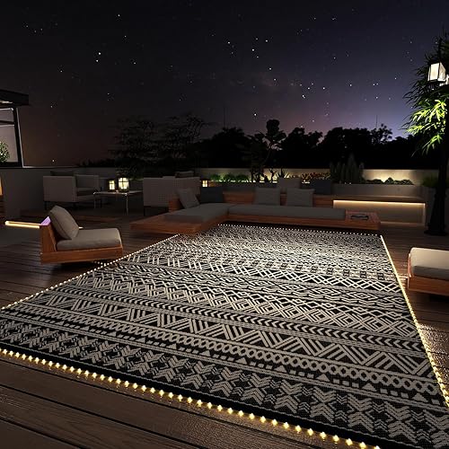 MontVoo-Outdoor Rug Carpet 6x9 ft for Patio RV Camping with Led Strip Lights Waterproof Plastic Straw Rug Reversible Portable Outside Indoor Outdoor Rug Mat for Patio Decor Balcony Picnic-Boho - Grey+strip Lights - 6x9 ft