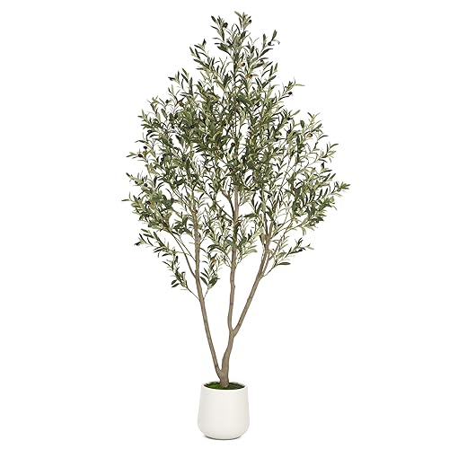 VIVATREES Olive Trees Artificial Indoor, 7FT Tall Faux Olive Tree with White Tall Planter, Artificial Plants with Natural Wood Trunk and Lifelike Fruits for Home Office Decor - 10in - White-7ft