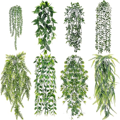 Der Rose 8Pcs Fake Plants Hanging Artificial Ivy Vine Faux Eucalyptus Hanging Plants for Home Boho Wall Shelf Indoor Outdoor Decor (White Pots) - 8 Packs White Pots