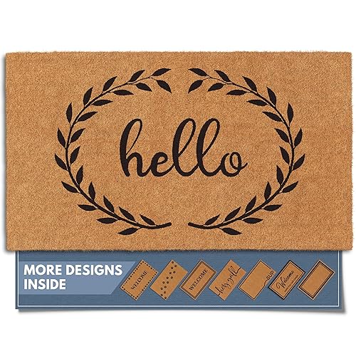 Barnyard Designs Natural Coco Coir Heavy Duty Backing Doormat - Large Cute Non-Slip Front Door Welcome Mat for Outside Entrance or Porch Entry, Brown (17x30, Hello Wreath) - Hello - 17x30