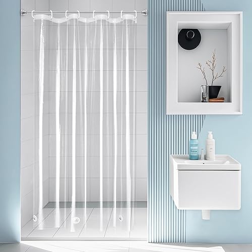 EurCross 48 x 84 inch Extra Long Stall Shower Curtain Liner with 3 Magnet Weights and Hooks, Heavy Duty Waterproof 9G PEVA Transparent Plastic Long Stall Shower Curtain, 8 Metal Grommets. - Clear - 48"W x 84"L (Pack of 1)