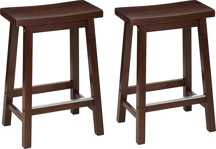 Amazon Basics 24" Counter Stool, Solid Wood Saddle-Seat, Height Kitchen Island Barstool, Set of 2, Walnut Finish - Walnut - 24" Counter Stool
