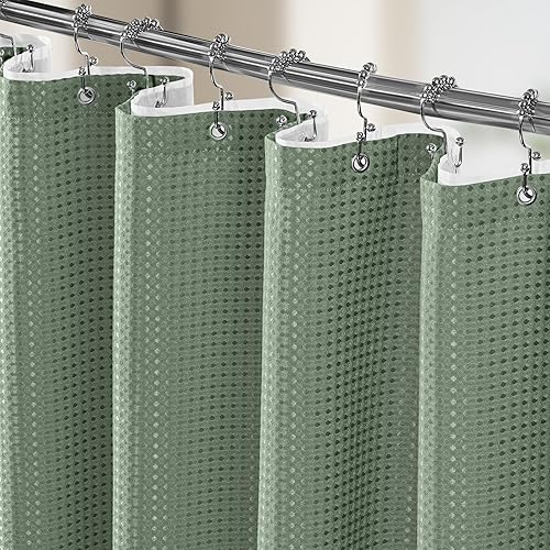 Vipfree 3 in 1 Shower Curtain Set, Waffle Shower Curtain and Liner Set with 12 Double Sided Shower Curtain Hooks, 258GSM Luxury Weighted Cloth Shower Curtains for Bathroom, 72 W x 84 H, Sage Green - Sage Green - 72"W x 84"L (Pack of 1)