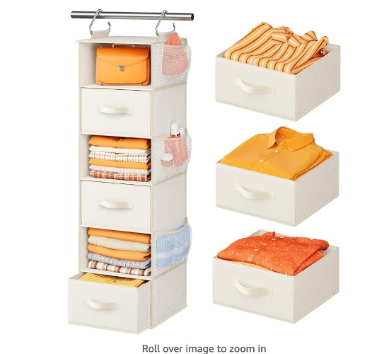 Pipishell Hanging Closet Organizer 6-Shelf, Hanging Shelves for Closet with 3 Removable Drawers & Side Pockets, Hanging Shelf Organizer for Bedroom or Garment Rack, 12'' x 12'' x 43.3'', Dark Gray - White