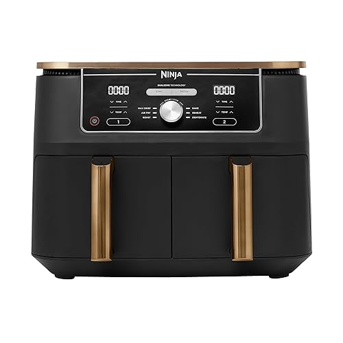 Ninja Foodi MAX Dual Zone Heißluftfritteuse, 9,5L Airfryer, 2 Fächer, mit Zange, Antihaftbeschichtung, spülmaschinenfeste Körbe, 6-in-1, Amazon Exklusiv, Kupfer/Schwarz, AF400EUCP - Dual Zone - 9.5L - Kupfer/Schwarz