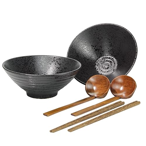 2 Stück (6-teilige) Porzellan Ramen Schüssel Set, 1600 ml Japanische Suppe Schüssel mit Löffel und Essstäbchen, Mikrowellen und Spülmaschinen Sicher, für Udon Asian Nudeln, Schwarz (24cm) - 24cm