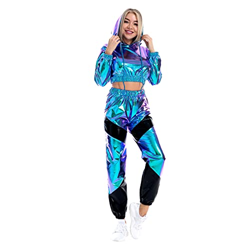 IWEMEK Rave Outfits Damen Metallic Top Glitzer Hose Trainingsanzug Glänzend Hohe Taille Jogginghose Lack Leder Oberteil 80er 90er Fasching Festival Party Disco Hip Hop Kostüm Clubwear - L - Leser Blau