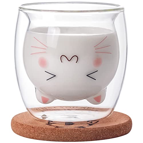 Bgbg Cute Coffee Mug Cat Tea Cup Milk Double Wall Clear Insulated Glass Espresso Mug with Coaster interesting Gift for you (Cat Mug) - Cat Mug