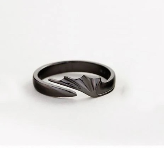 Silver/Black Angel Wings Adjustable Ring - Black / SILVER PLATED