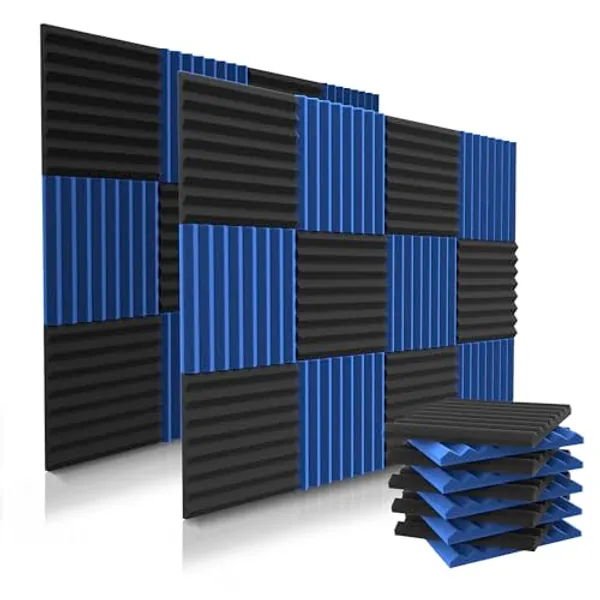 52 Pack Acoustic Panels 1 X 12 X 12 Inches - Acoustic Foam - Studio Foam Wedges - High Density Panels - Soundproof Wedges - Black/Blue