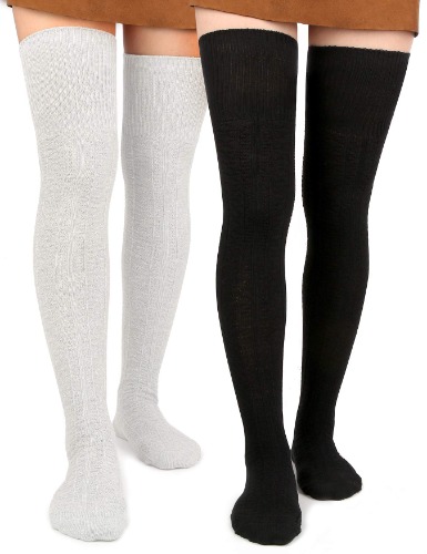 Women Thigh High Socks Extra Long Cotton Knit Warm Thick Tall Long Boot Stockings Leg Warmers - 2 Pack (Black, White) One Size