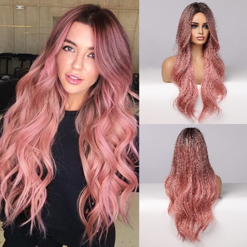 Long Wavy Pink Wig for Women, Natural Beach Wave Curly Hair Middle Part Synthetic Wigs with Dark Root for Daily/Party/Cosplay (Pink,26 Inch)