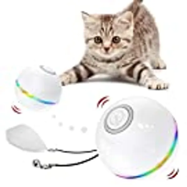 IOKHEIRA Cat Ball Interactive Cat Toys for Indoor Cats Wicked Ball Kitten Toys with Bell Feather Built-in Catnip, USB Rechargeable Automatic 360° Rotating Cat Toy balls with LED Light