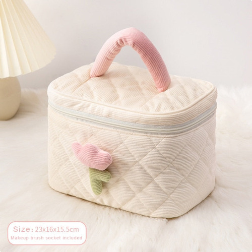 Plush Tulip Make-Up Case - Beige Bucket Bag