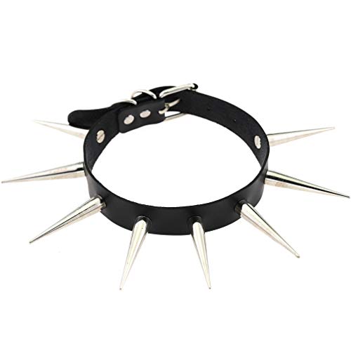FM FM42 Unisex Simulated Leather PU Punk Rock Gothic Black-tone/Silver-tone Very Long 5.5cm(2.16") Spikes Rivets Choker Collar Necklace (16 Colors) - Silver Spikes, Black