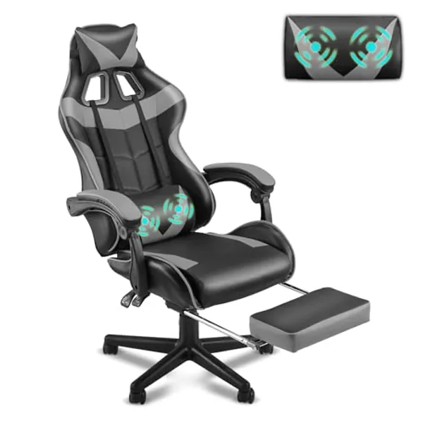 Soontrans Grey Gaming Chairs with Footrest,Ergonomic Computer Game Chair, Gamer Chair with Lumbar Pillow and Adjustable Headrest (Galaxy Grey)
