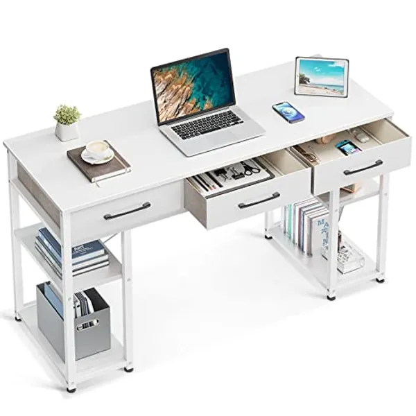 ODK 47" Small Office Computer Desk: Home Table with Drawers Wood Storage Shelves, Modern Work Writing Desk, White + White Leg