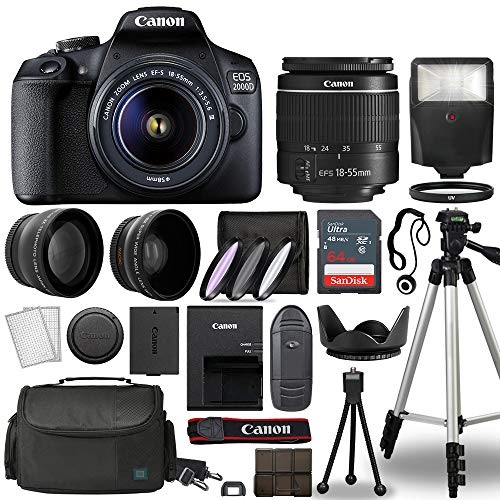 Canon Cameras EOS 2000D / Rebel T7 Digital SLR Camera Body w/Canon EF-S 18-55mm f/3.5-5.6 Lens 3 DSLR Kit Bundled with Complete Accessory Bundle+ 64GB+ Flash+ More - International Model (Renewed) - 64gb Kit